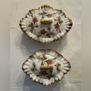 Vintage Trinket Dishes - matching set of two, Hand painted, pink rose, gold trim